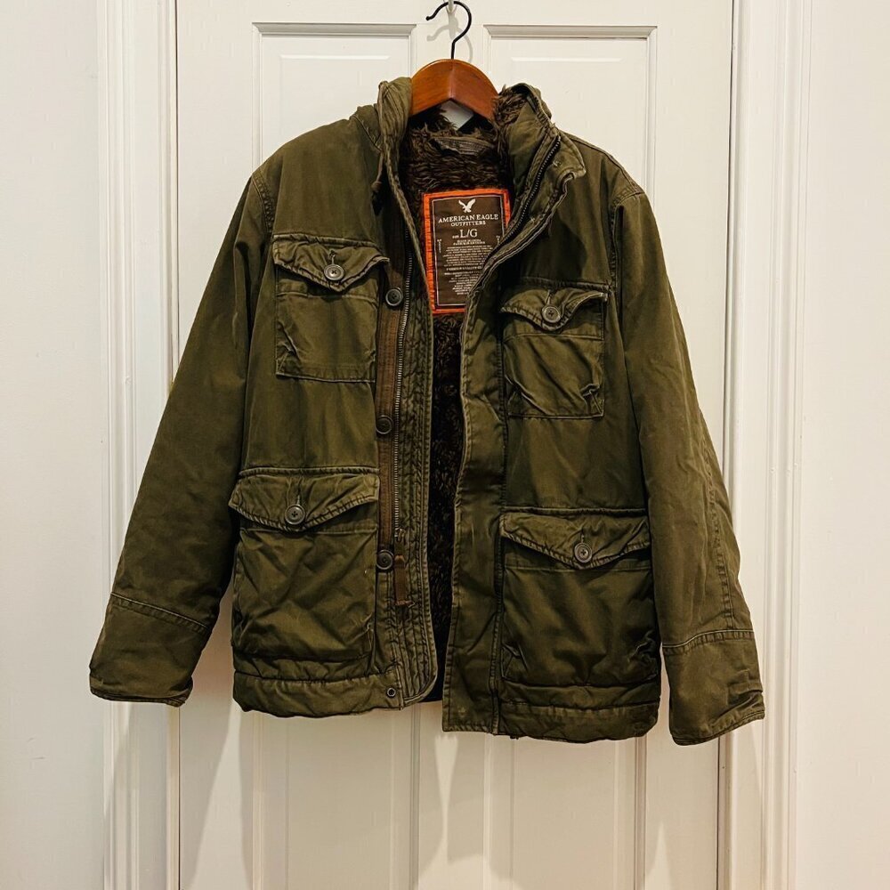 Y2K Green American Eagle Military Parka Winter Coat Mens Small Heavyweight Lined - Picture 6 of 16